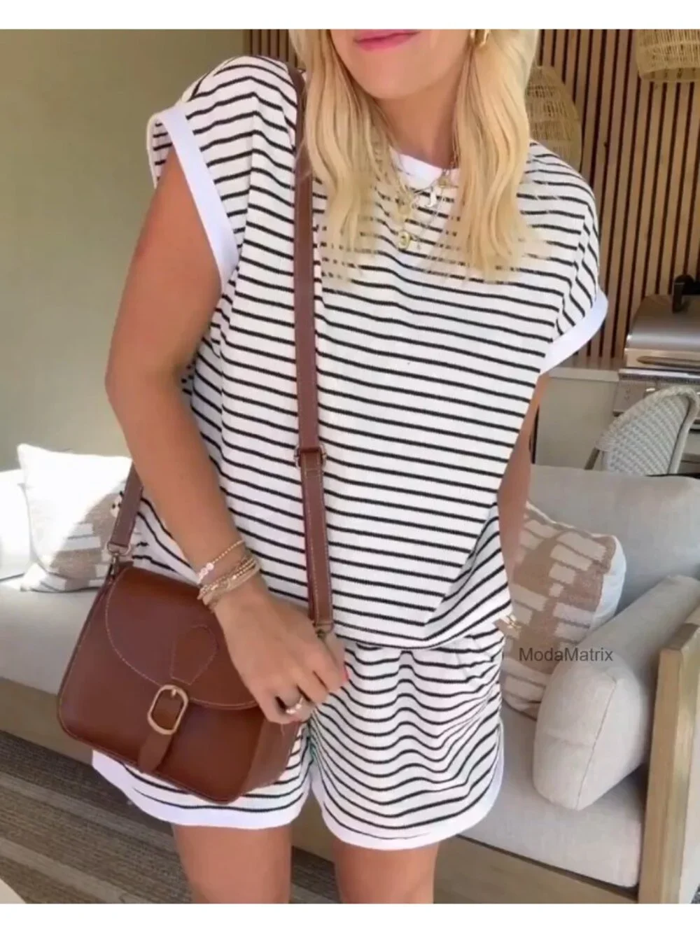Women's Striped Lounge Set 2 Piece Short Sleeve Top & Shorts
